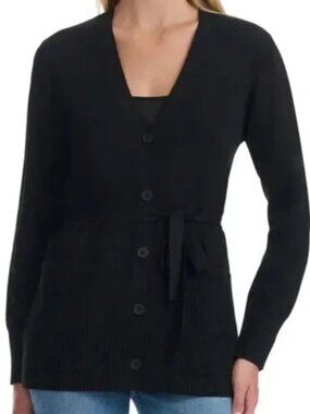 Splendid Belted Button-up Cardigan Top in Black Casual Dressy V-neck Travel Soft